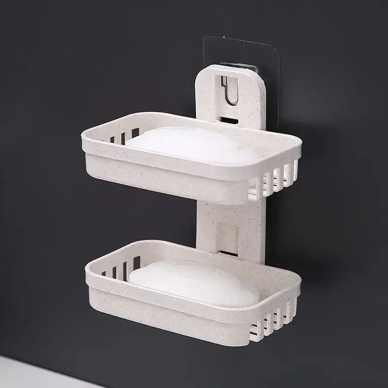 1 set of multifunctional double-layer soap box in beige and pink, made of plastic material, suitable for household bathrooms - Detail 1