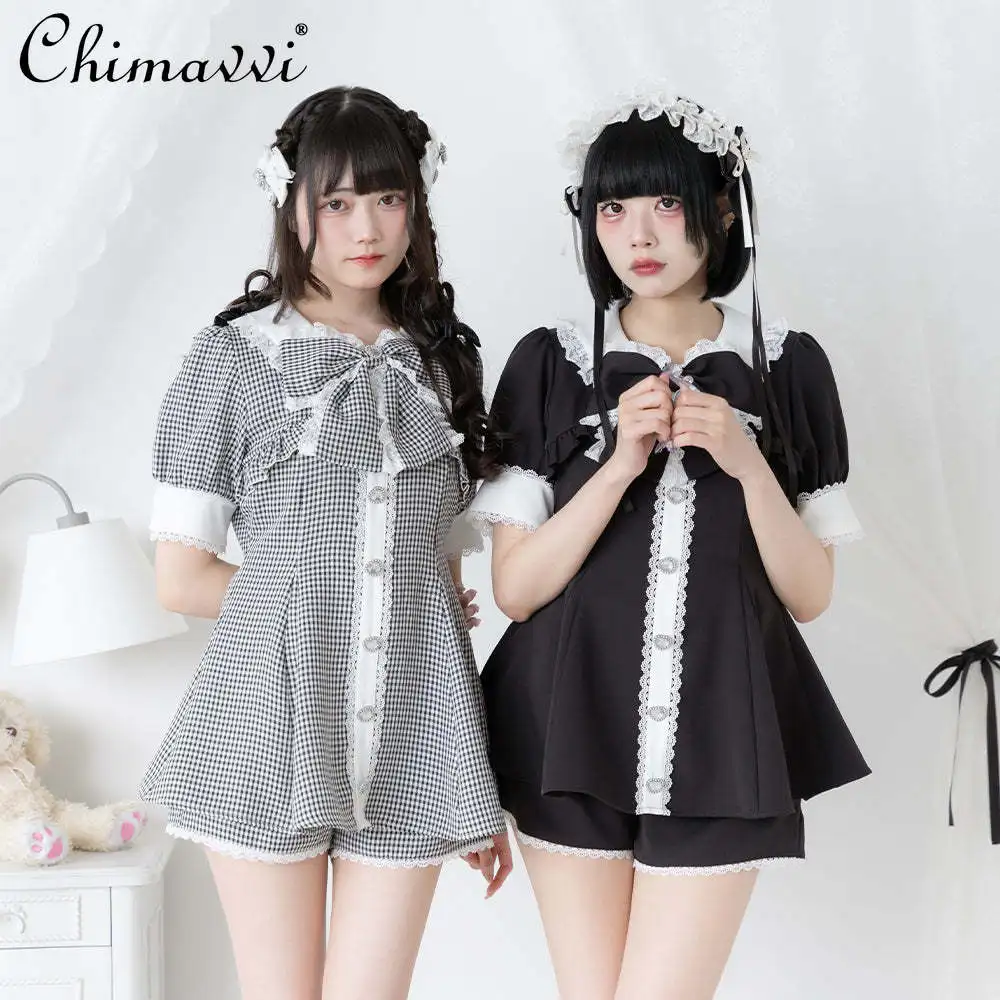 Japanese Sweet Bow Tie Bubble Short Sleeve Rhienstone Button Shirt Dress Top and Shorts Sets Summer Women's Lolita Outfits