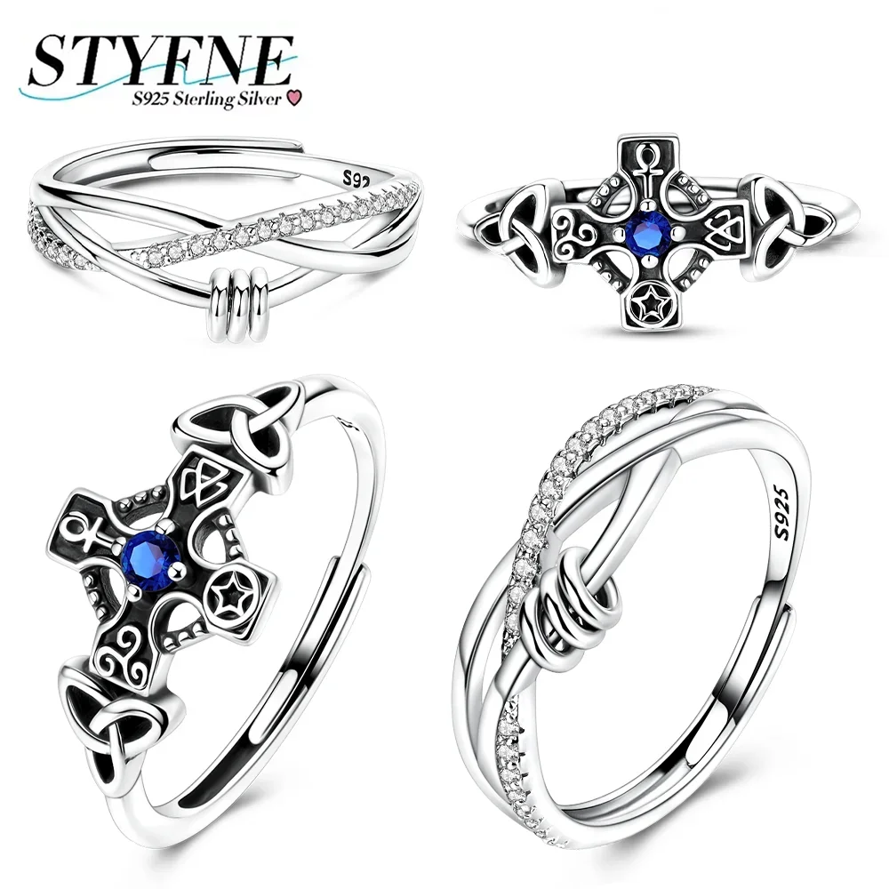 

Оригинальные серебряные кольца 925, винтажное кольцо с крестом из синего циркона, открытое кольцо с узлом для повседневной носки, вечерние модные украшения, подарок на день рождения для женщин
