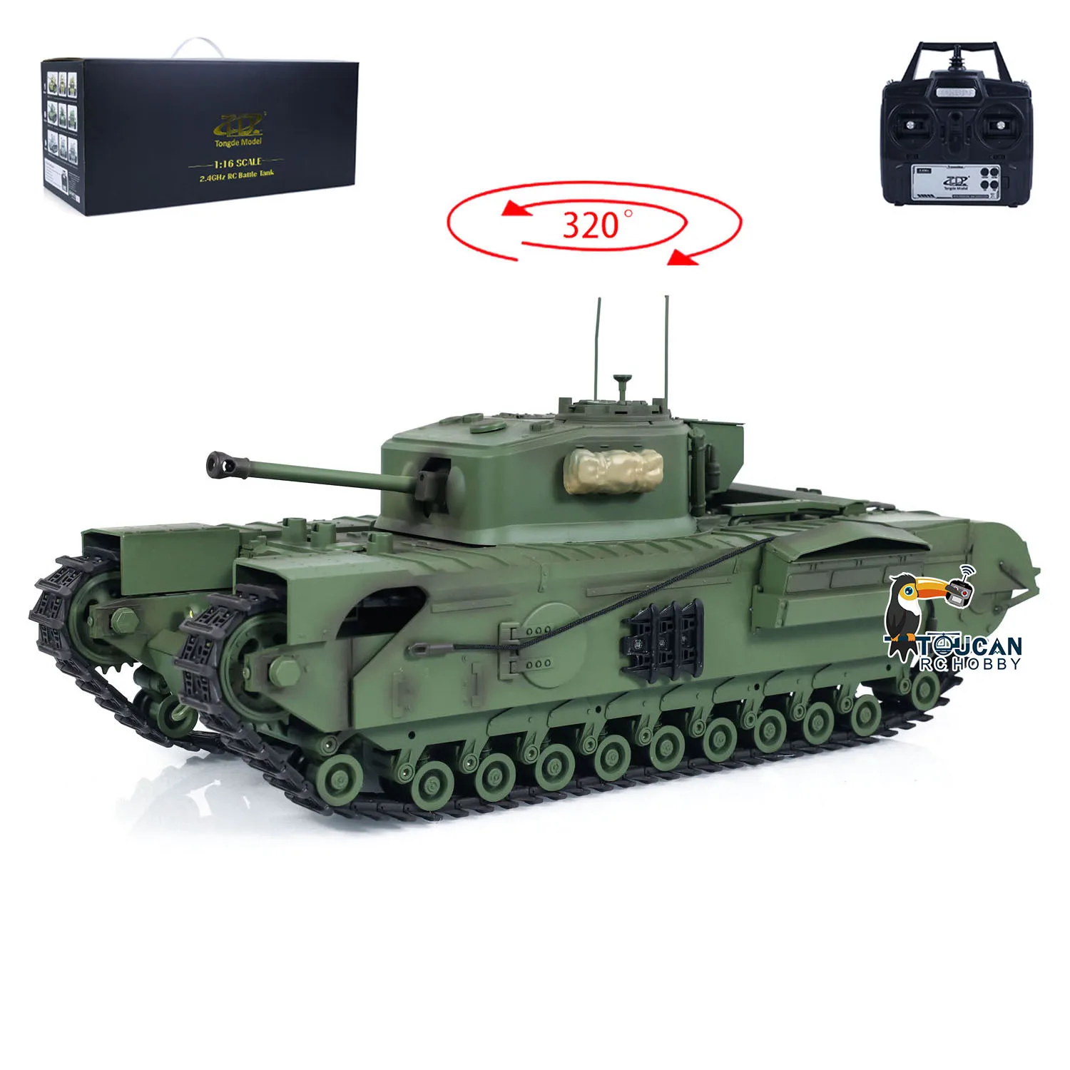 Tongde 1/16 RC ถัง Churchill Mk.VII ไฟฟ้าอินฟราเรด Battle ของเล่น Barrel รีโมทคอนโทรลสําหรับหดตัวแฟนทหาร
