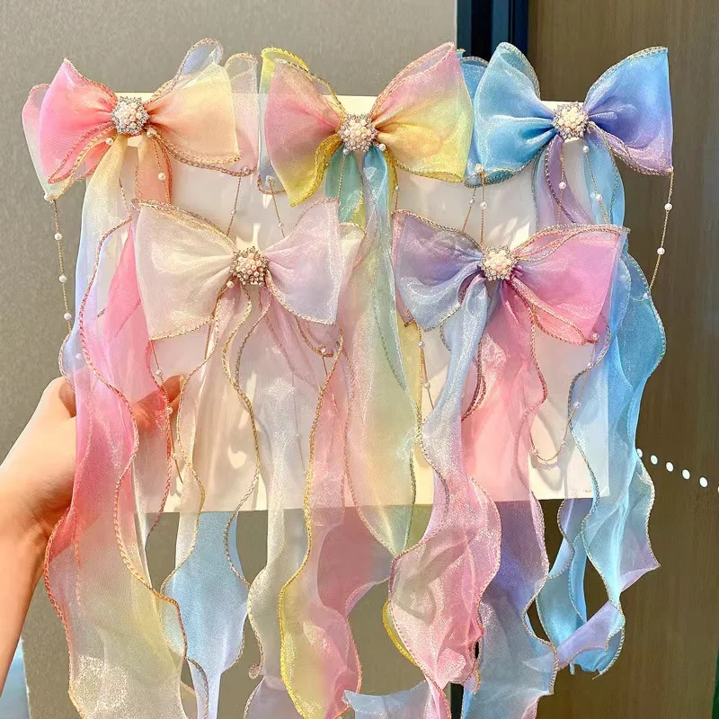 Gradient Streamer Hairpin Kidsren Princess Girl Rainbow Bow Braided Hair Headdress Princess Clip Ponytail Hairpin