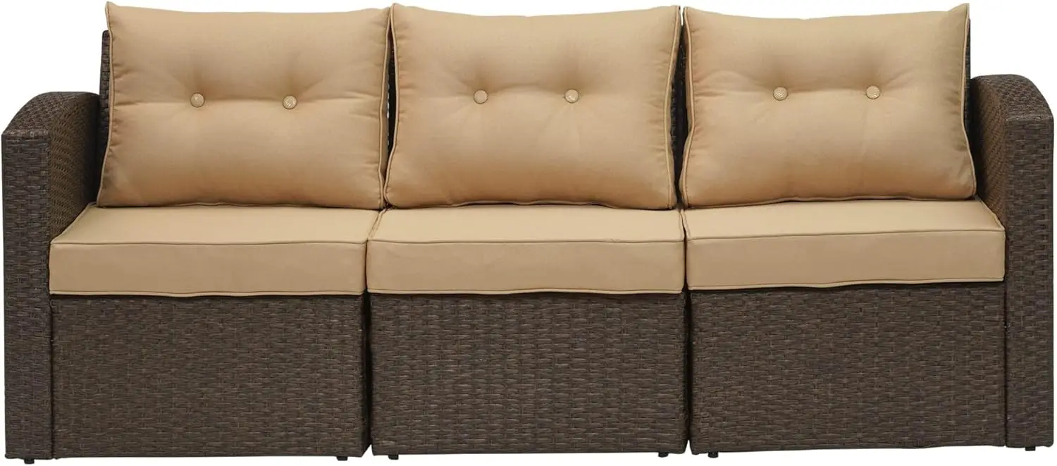 Patio Loveseat, 3-Seat Wicker Outdoor Sectional Couch with Non-Slip Beige Cushions, Extra Sofa Furniture, Aluminum Frame