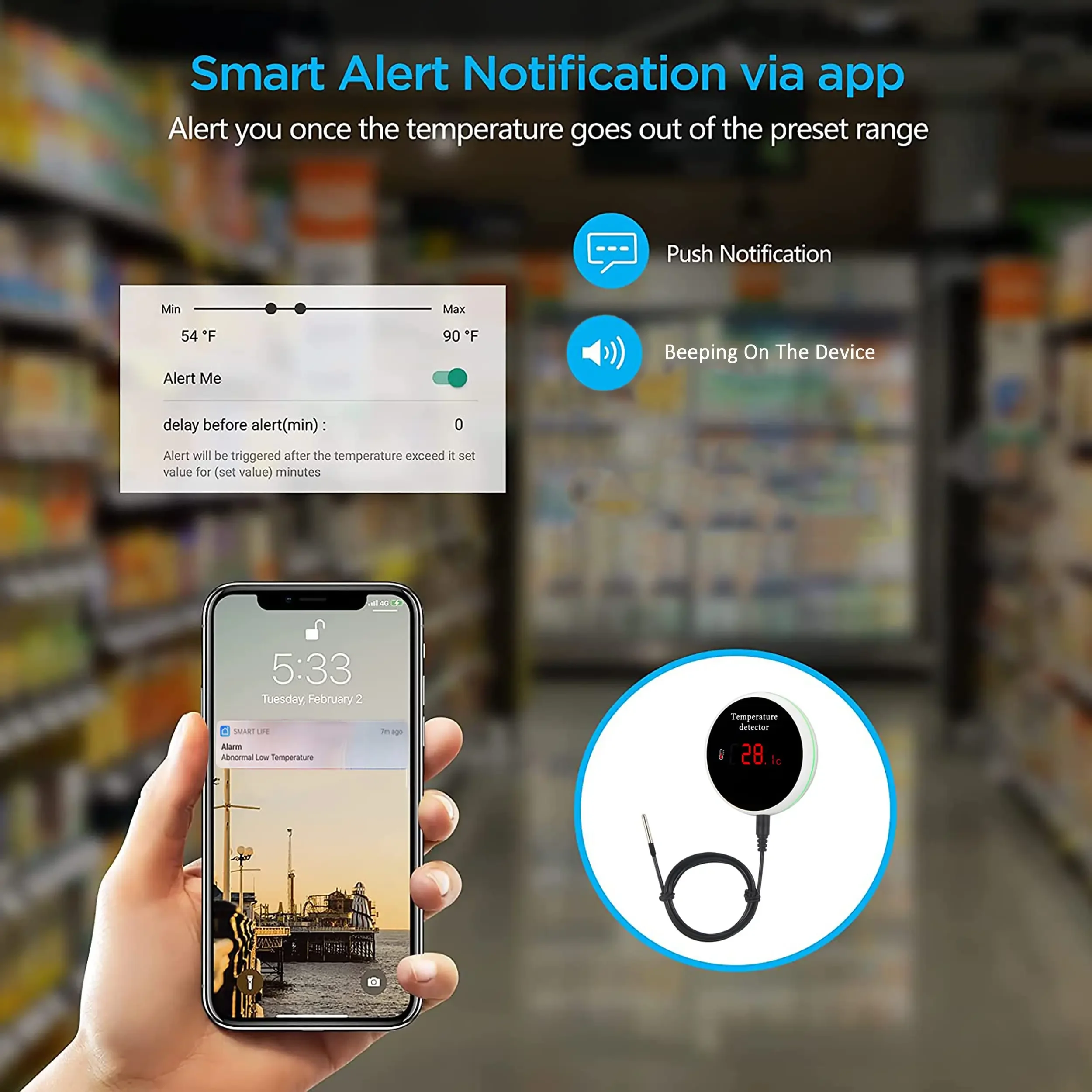 1M/3M Wire Probe Tuya WiFi Temperature Senor With External Temperature USB Charge or Rechargable Battery Fridge Water Pool