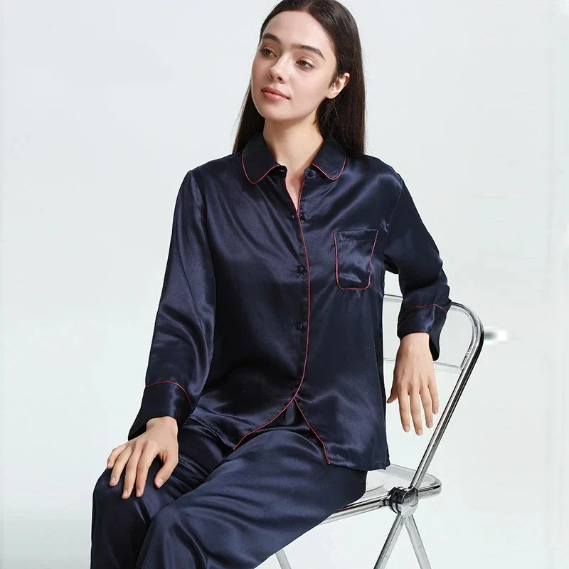 

100% mulberry silk Matching Pajamas 2 Piece Set navy blue button Pyjamas nightwear Long-Sleeved Women Pj Homewear Suit Loungwear