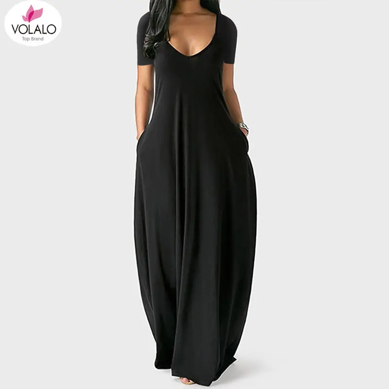 

Summer Maxi Dress For Women Clothing 2024 Fashion Solid Color Sexy Deep V-neck Short Sleeve Casual Dress High Waist Pocket Robe