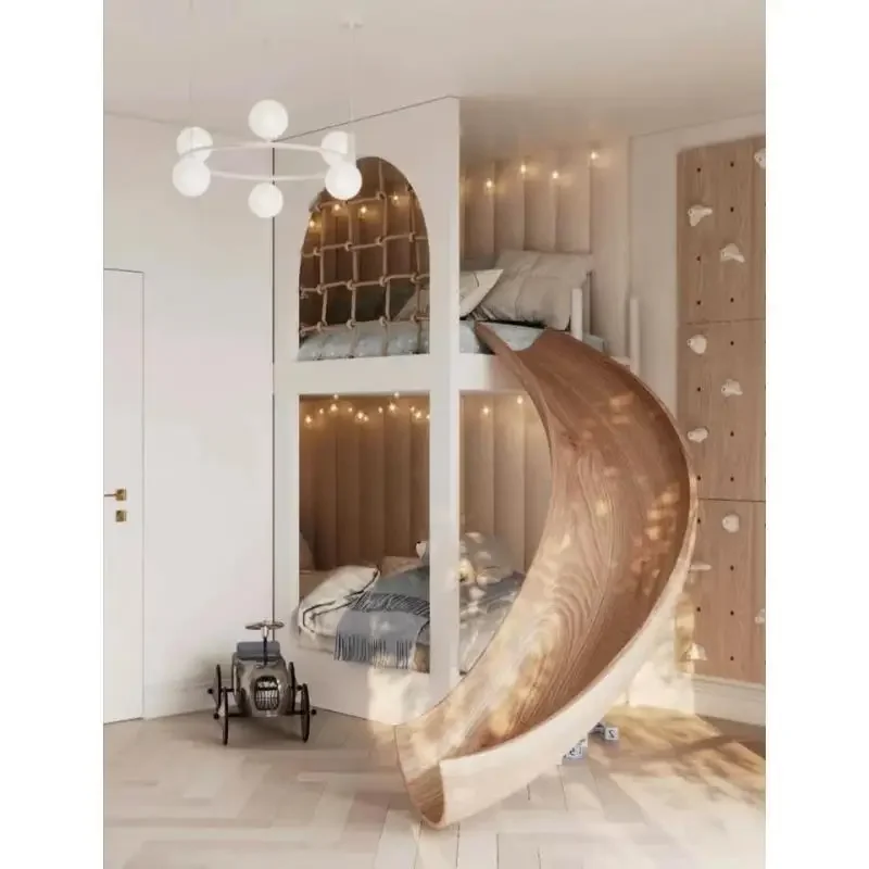 All solid wood secret base tree house hole duplex bunk bed high and low second floor loft with slide bed