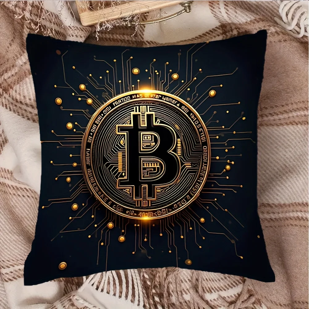 Bitcoin Cryptocurrency Symbol Double-Sided Pillowcase, BTC Digital Currency Cushion Cover with Zipper, Washable Decor Case