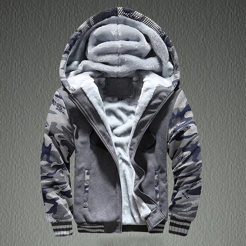 2026 Autumn New Camouflage Splice Zipper Hoodie Coat Men Fashion Winter Warm Plush Lining Casual Sports Hooded Jacket Streetwear
