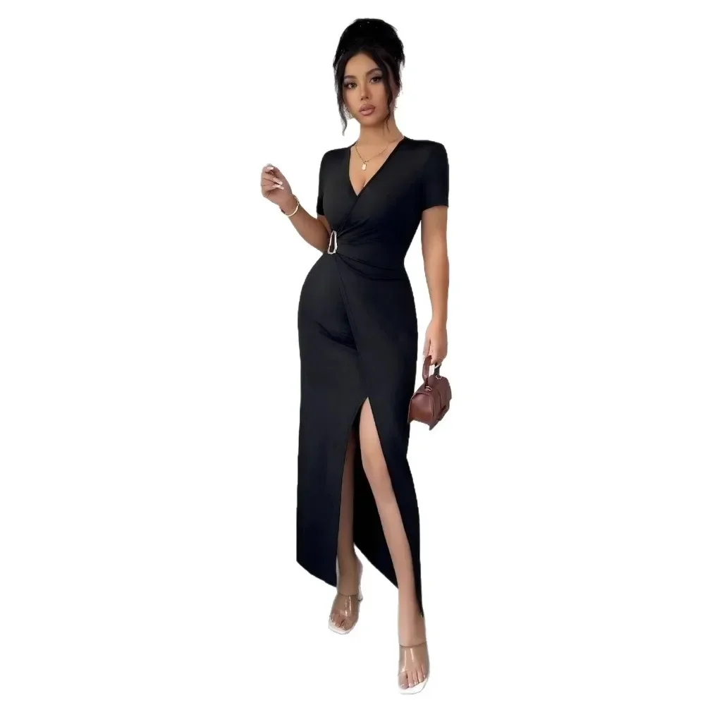 Women Elegant Cross V Neck Long Maxi Dress Summer, Ruched Waist With Metal Buckle High Slit Dress For Evening Formal Occasion