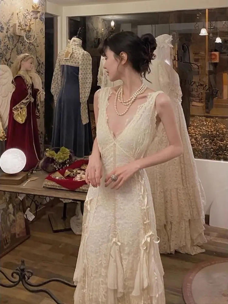 Suknia wieczorowa Ele V-Ne Lace Dr, klasyczna, długa, w stylu vintage, szlafrok poranny, sukienka letnia w stylu wróżki.