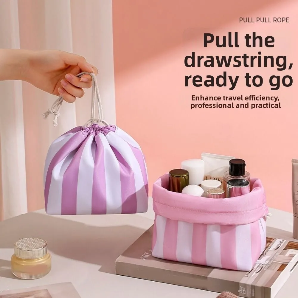 Striped Drawstring Cosmetic Bag Large Capacity Portable Makeup Bag Organize Drawstring Closure Waterproof