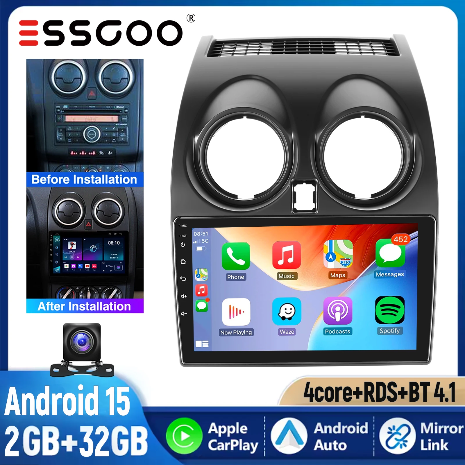 ESSGOO 9" Android 15 autoradio voor Nissan Qashqai J10 2007-2013 met Carplay, GPS, FM, RDS, WIFI, SWC, BT en Mirrorlink