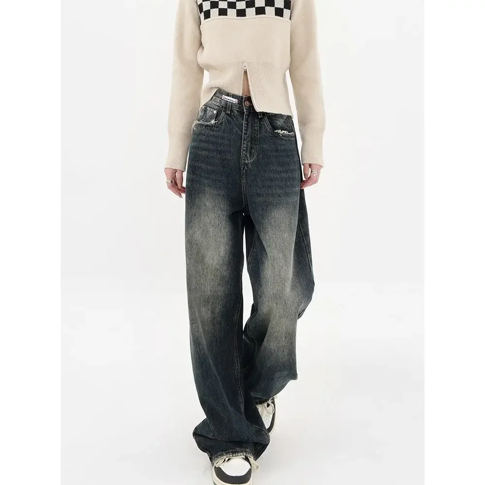 Deeptown Harajuku Streetwear Retro Fashion Autumn Women High Waist Jeans Loose Wide Leg Straight Denim Trousers Y2K Baggy Pants