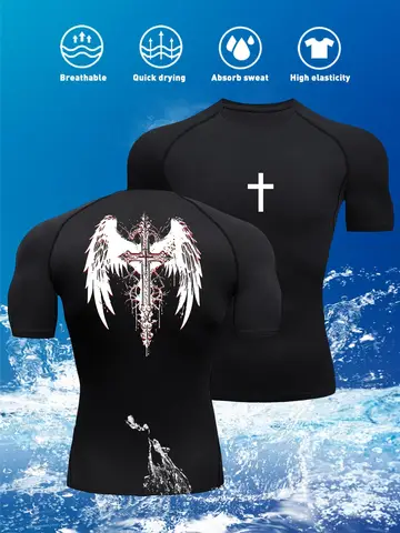 Herrtopp med polotröja och tryck för sommarträning, gotiskt tryck, snabbtorkande t-shirt, andningsbar, komprimerad t-shirt 8 best sales kompressionströja med polotröja - №6