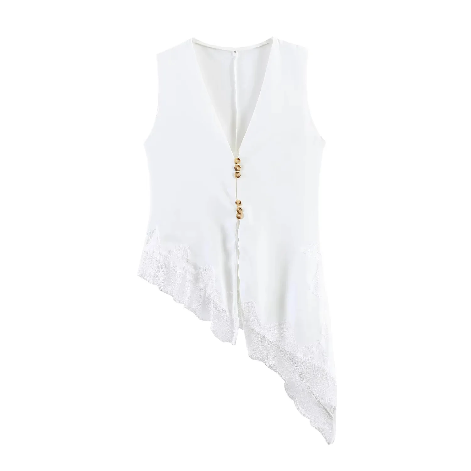 BSAY Damenmode Tanktop 2026 Frühling Sommer Neu Ärmellos V-Ausschnitt Spitzenbesatz Unregelmäßiger Saum Satin-Weste Schicke Damen-Oberteile Mujer – Detail 7