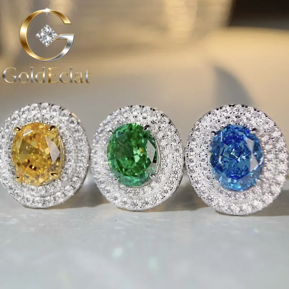 GoldEclat   Luxury Solid Platinum PT950 Women's Ring Full Diamond Green Moissanite Ring