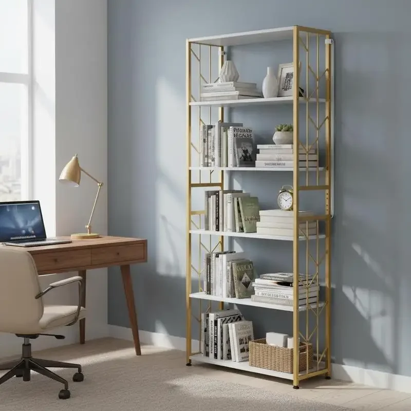 

6-Tier Bookshelf Modern Geometric Bookcase with Heavy-duty Metal Frame and Anti-tipping Kits-White