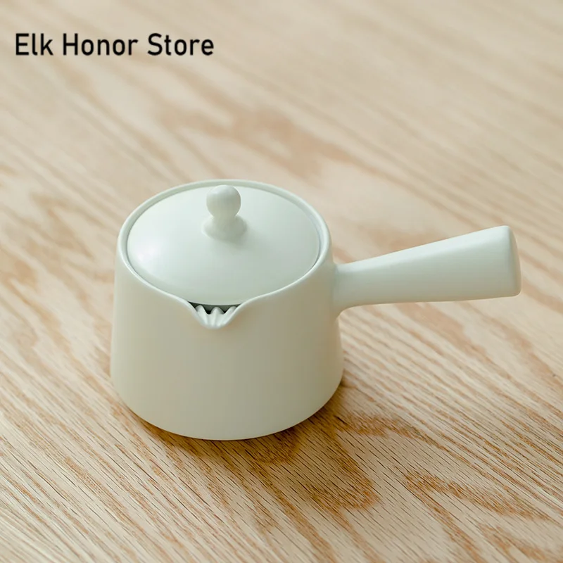 180ML Cream Yellow Matt Porcelain Teapot Japanese Side Handle Pot Zen Tea Maker Kettle with Ball Hole Chinese Tea Set Craft Gift