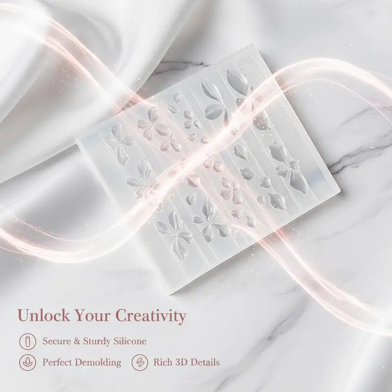 3D Ice Crystal Floral Nail Silicone Mold Hand Carved Relief Design Reusable Mould for Home Salon Nail Art Decoration