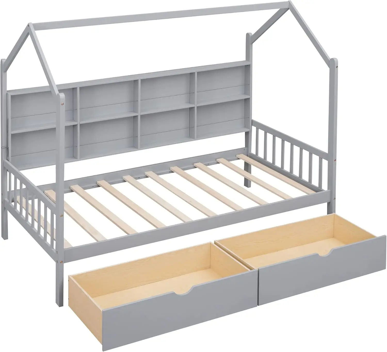 Lit Double avec Étagères de Rangement pour Enfant, Lit en Bois Bas avec Toit et Sécurité