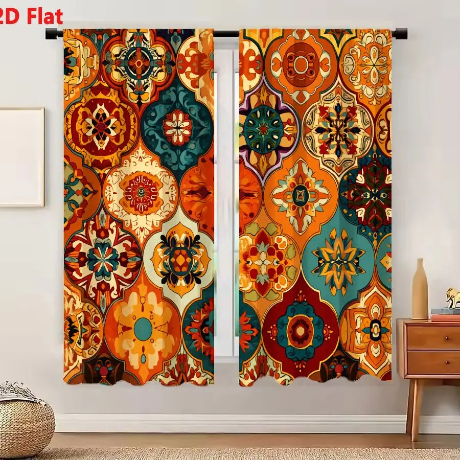 2Pcs Curtains 2D Flat Vibrant Terracotta And Teal Islamic Geometric Floral Seamless Pattern For Textiles Wallpaper Window Drapes