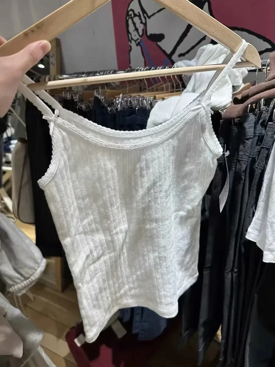Women White Bow Tank Tops 2024 Fashion Summer Ladies Cotton Slim Tops Female Sweet Cute Base Crop Tops