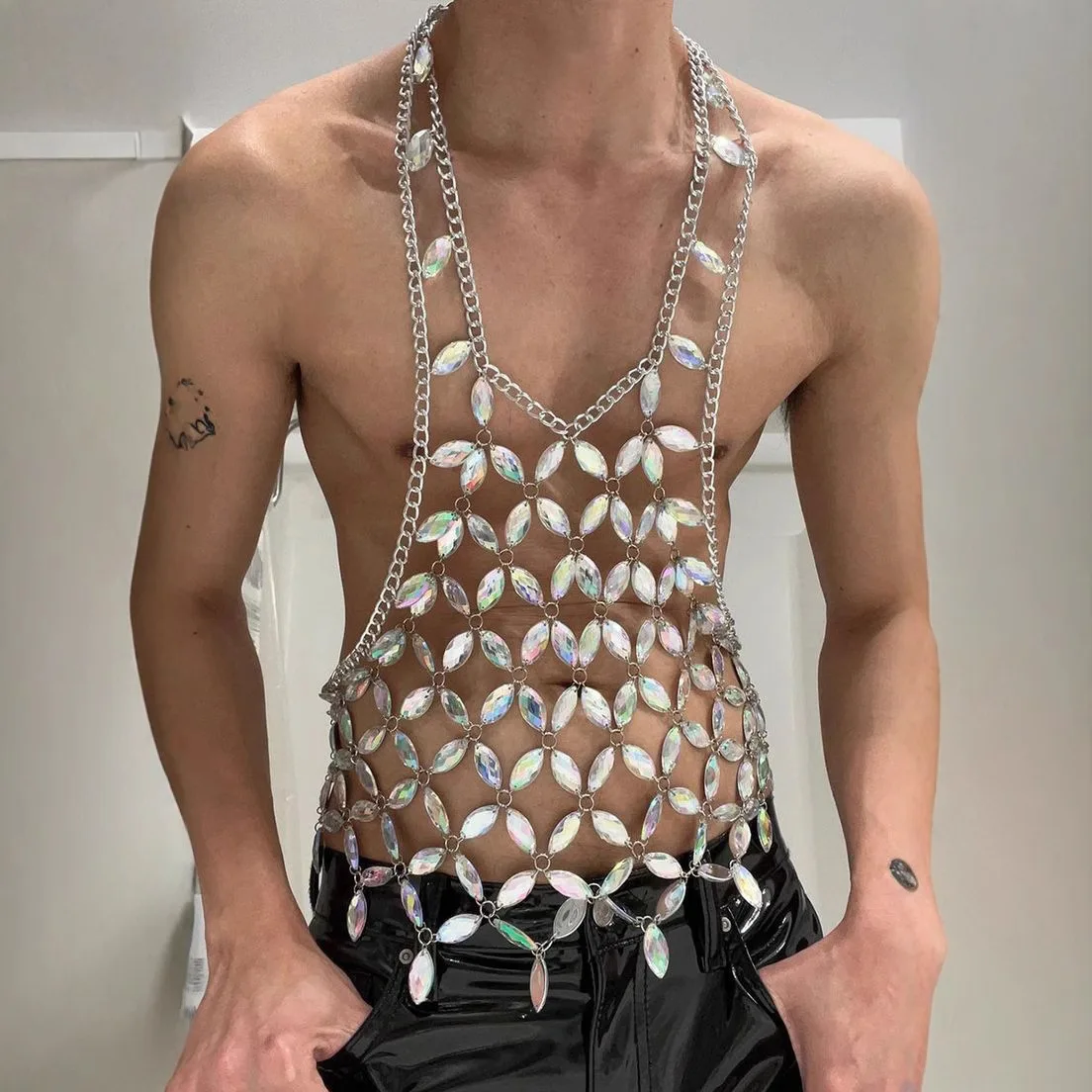 

Men's Rhinestone Mesh Halter Top Sparkly Crystal Body Chain Vest Festival Rave Party Clubwear