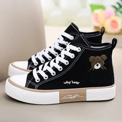 Fashion High Top Canvas Sneakers Lace Up Casual Walking Shoes Flat Bottom Running Sneakers Non-slip Shoes with Bear Prints Shoes