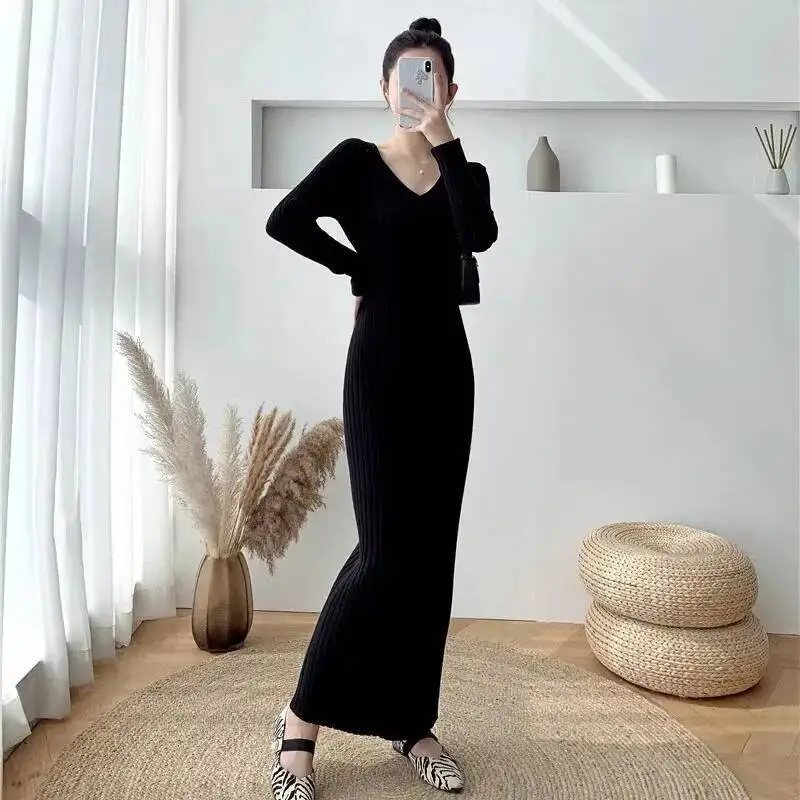

Women Knitting Dress 2025 Autumn Winter Women's Sweater Dress Long V Neck Knit Dress Slim Fit Bodycon Sweater Dress Inner Layer