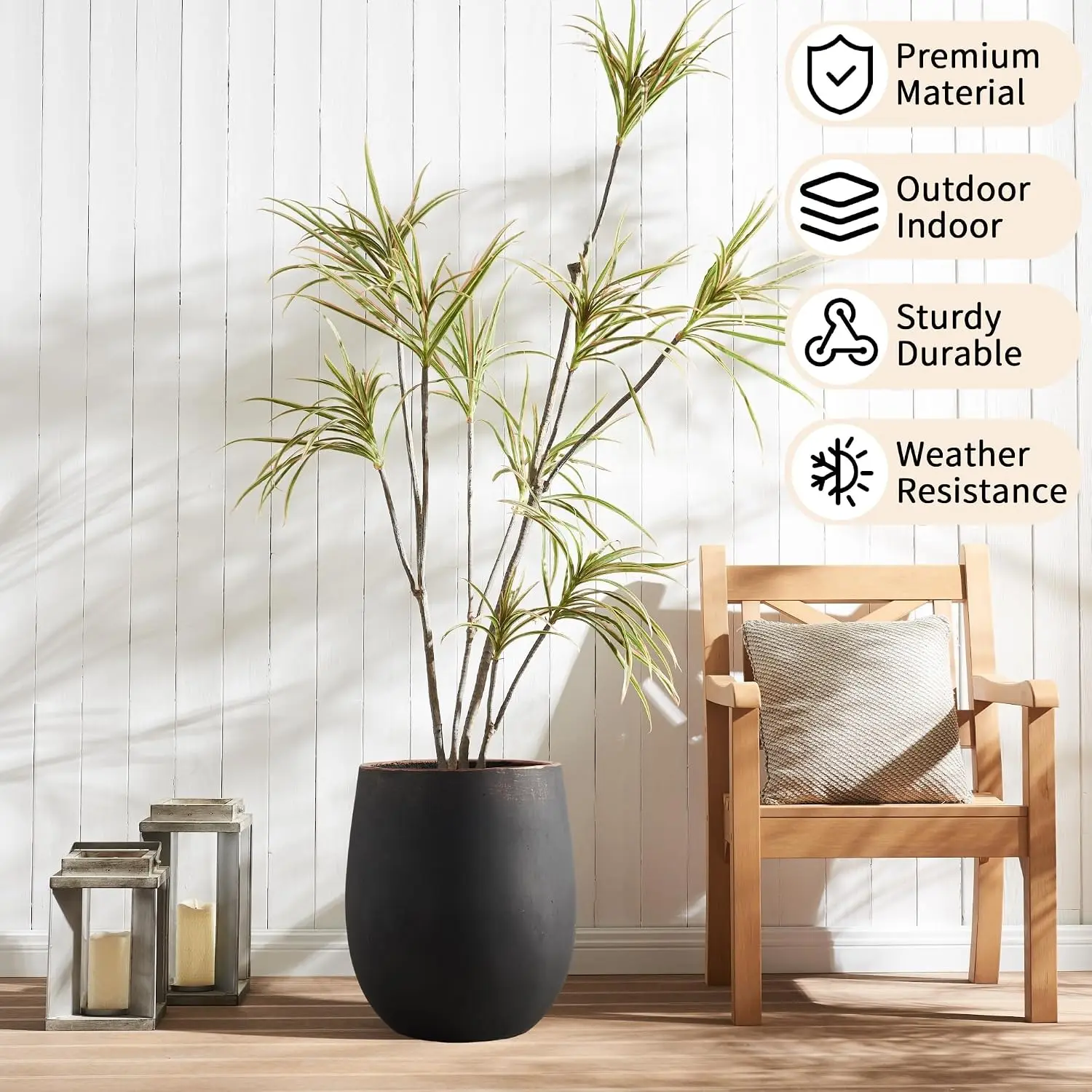 Round Concrete Planter with Drainage Hole, Weathered Finish, Hand-Painted Golden Edge, UV-Resistant & Crack-Resistant, Indoor/Outdoor Use