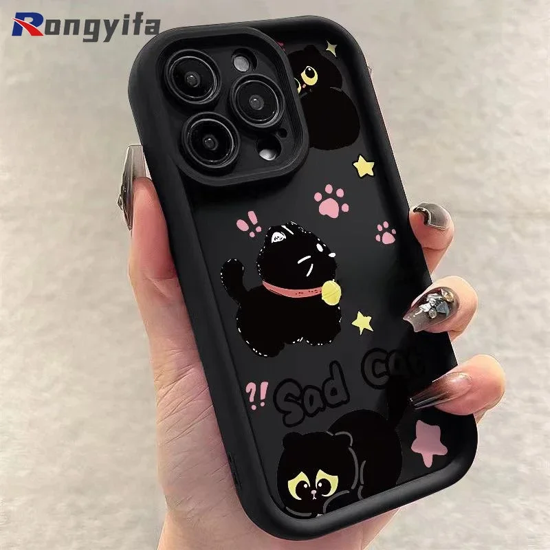 Для Vivo X200 Pro Mini X100 Ultra X100S X90S X80 X70T X60 X50 X30 Pro X27 X23 X21 X21S X21A Чехол для телефона с милым черным котом и мягким чехлом