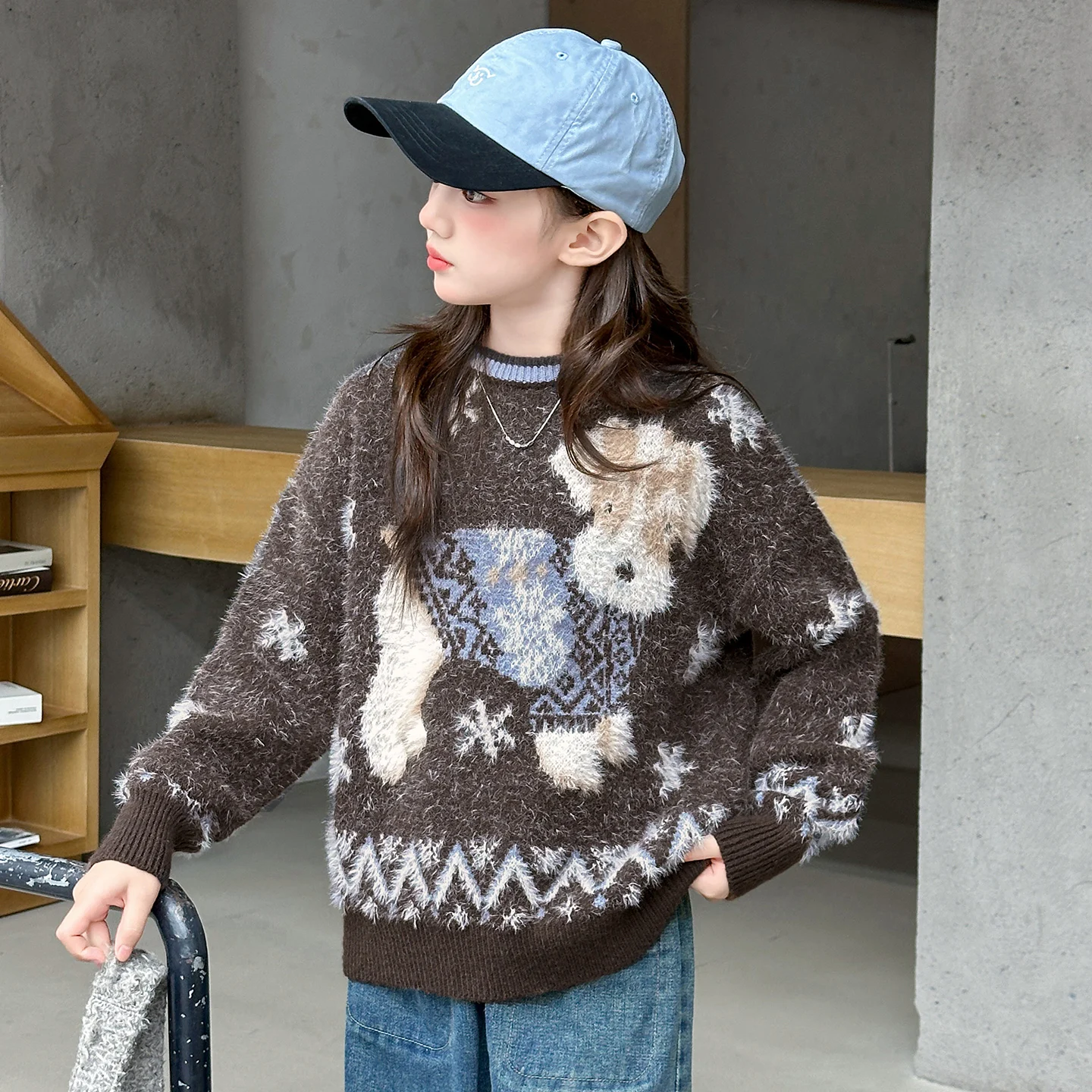 

4-14Y Child Sweater Knitted Keep Warm Thicken Christmas Clothes 2025 Winter With Cute Terrier Dog Embroidery Girl Sweater Coats