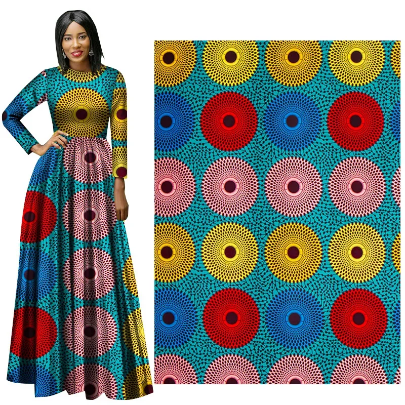 6 Yards/Lot Afrikaanse Stof Bedrukt Gekleurde Cirkels Polyester Materiaal Voor Handwoking Naaien Vrouwen Jurk Doek