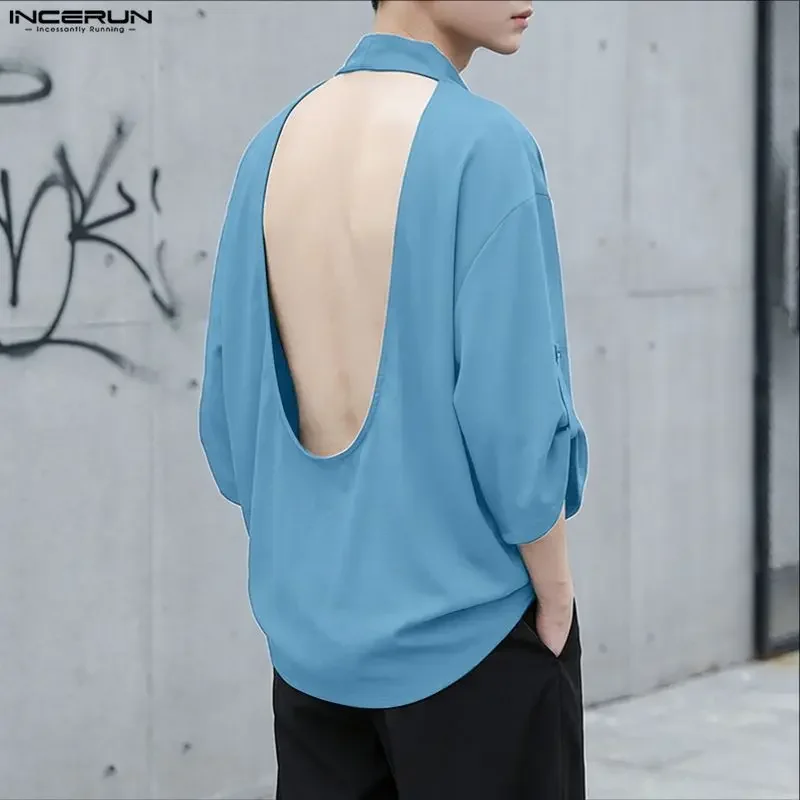 

INCERUN Men Shirt Solid Color Hollow Out Backless 3/4 Sleeve Men Clothing Tops Streetwear Loose 2026 Fashion Sexy Male Shirts