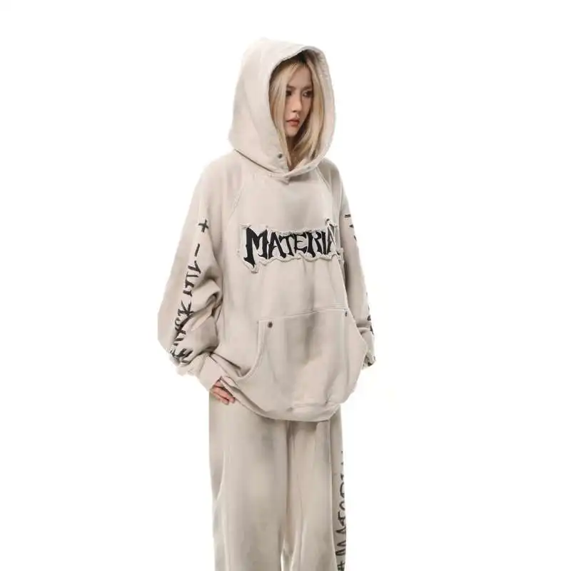 Amerikaanse gewassen gescheurde gotische tie-dye sportpaar sweatshirts hiphop grunge stijl patch stof lange mouwen hoodies voor dames