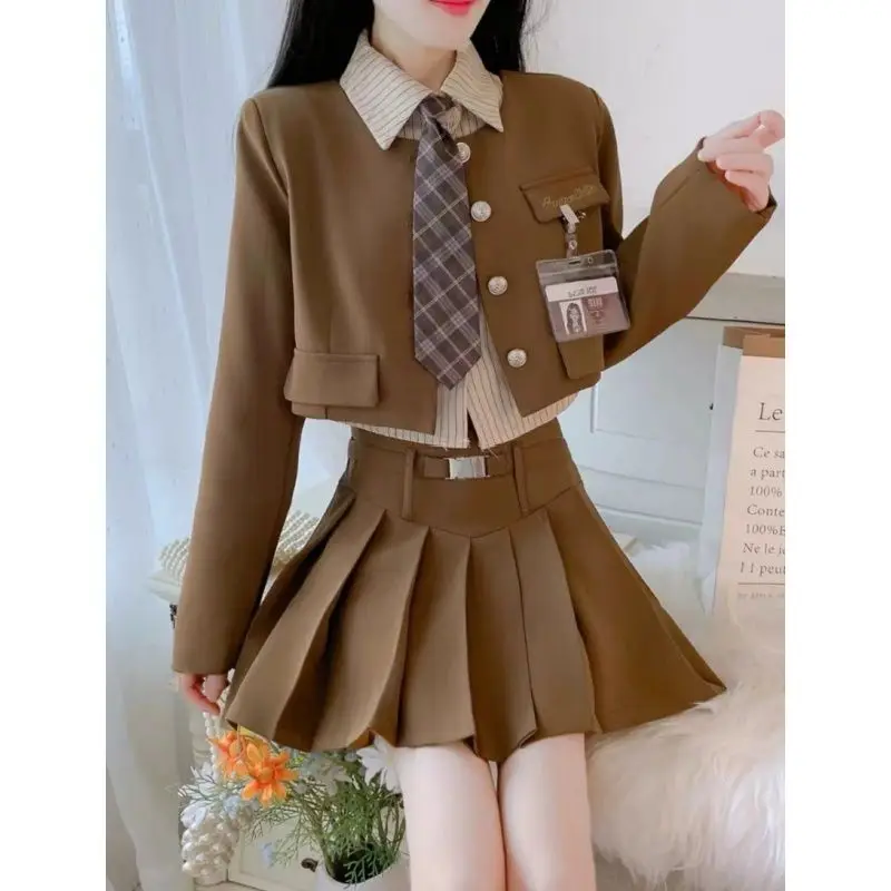 Korean College Style JK Suit Skirt Suit Jacket Shirt High Waist Pleated Skirt Four Piece Set