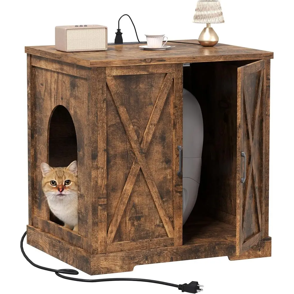 Large Self-Cleaning Litter Box with Charging Station, XL-XXL Hidden Cat Furniture in Rustic Brown