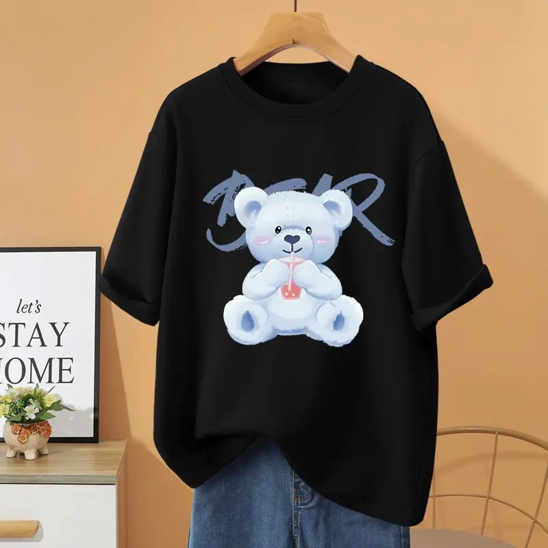 Summer 100% Cotton Loose Casual T-shirt, Women Clothing Cartoon Printed Basic Pullovers, Vintage O-neck Short Sleeve Top Tee