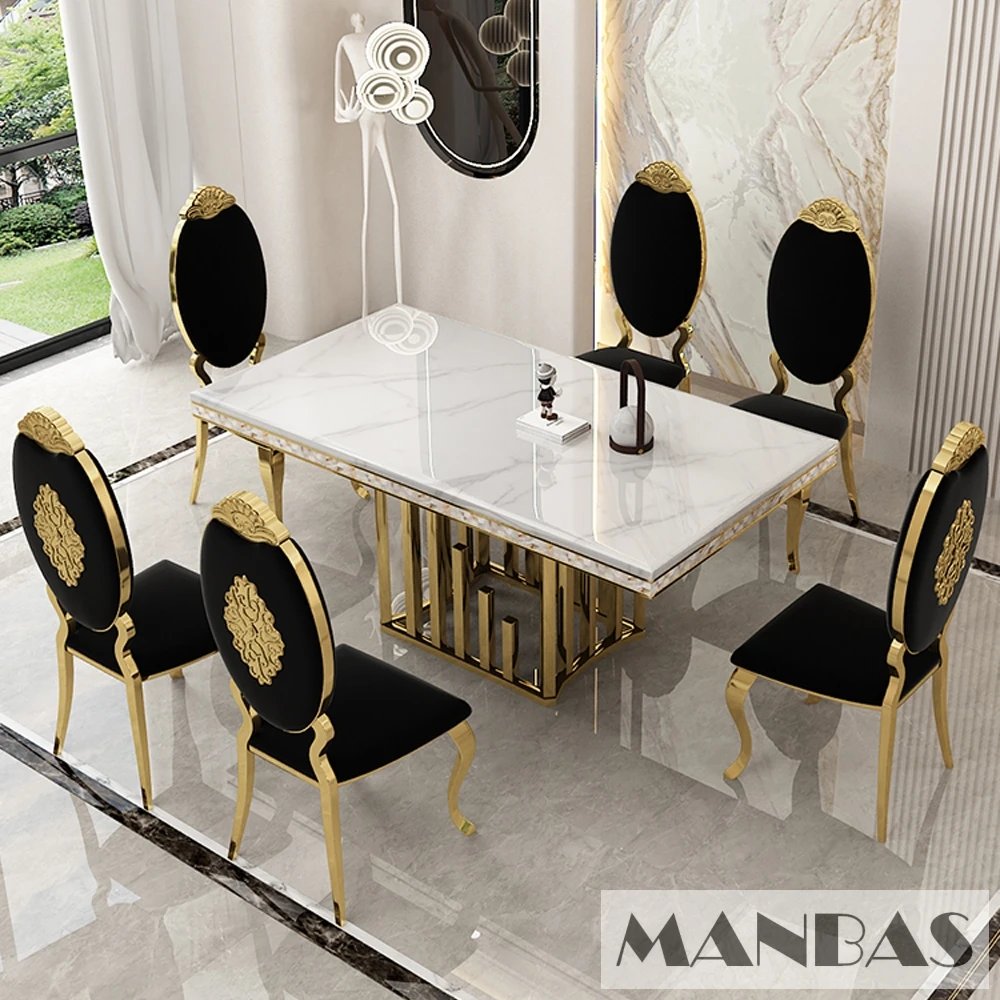 Luxury Dining Room Set: 8 MANBAS Stainless Steel Genuine Leather Chairs, and Rectangle Table Made In Marble and Sea Shell