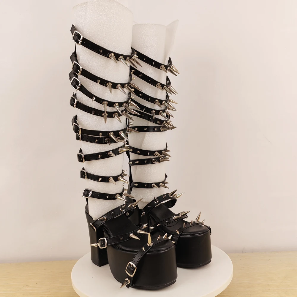

Rivet Buckle Platform Sandals Open-Toe Personalized Back Zipper Over-The-Knee Boots Large-Size Custom Women's Shoes