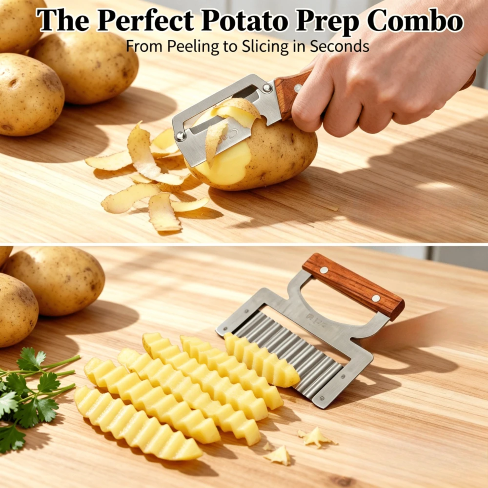 Wooden Handle Peeler and Wavy Cutter Set 1,2PCS Can be sold separately Multi-Function Peeler Tooth Potato Knife Potato Chip Cutt