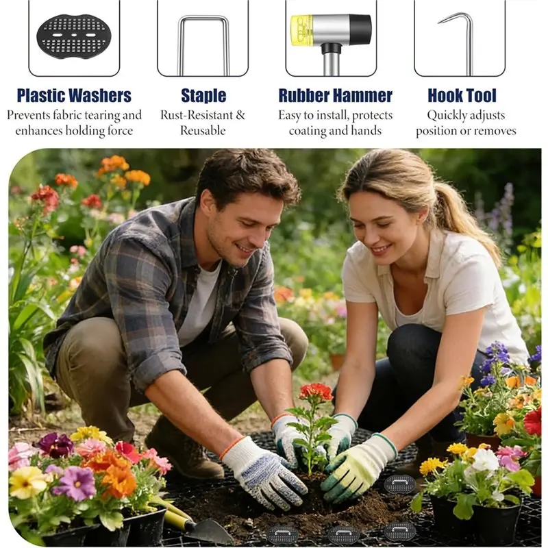 Landscape Fabric Stakes + 100Pcs Gaske + 1Pcs Pick Hook+1Pcs Rubber Mallet, Staples 6 Inch, For Gardening Landscaping