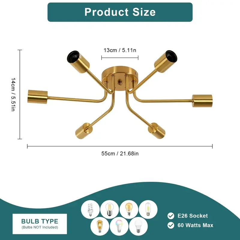 تركيبات إضاءة السقف الصناعية لمنتصف القرن، ثريا سبوتنيك ذهبية مكونة من 6 أضواء لغرفة الطعام والمطبخ Liv