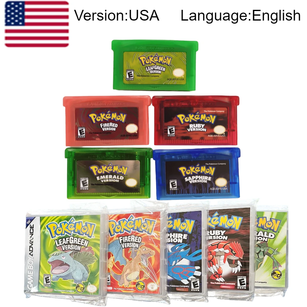 حار الولايات المتحدة الأمريكية بوكيمون سلسلة الزمرد الناري الأحمر ورقة خضراء روبي الياقوت 5 إصدارات GBA لعبة في صندوق لخرطوشة ألعاب الفيديو 32 بت