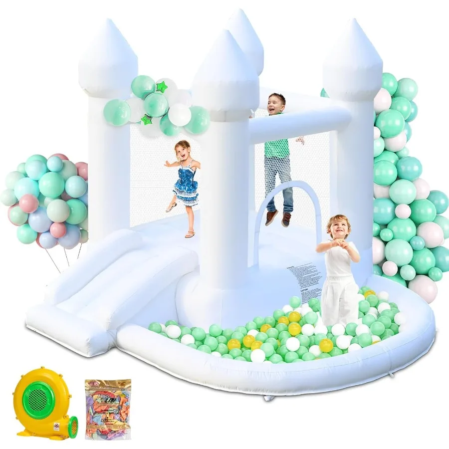 

Белый прыгающий домик, надувной прыгающий домик с ямой для мячей и горкой, детский домашний прыгающий домик, портативный забавный дом, уличный прыгающий дом