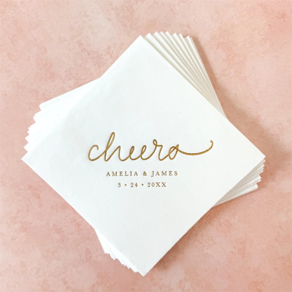 

50PCS Cheers Cocktail Napkins Personalized || Gold Foil Wedding Napkins, Bridal Shower, Engagement, Rehearsal Dinner