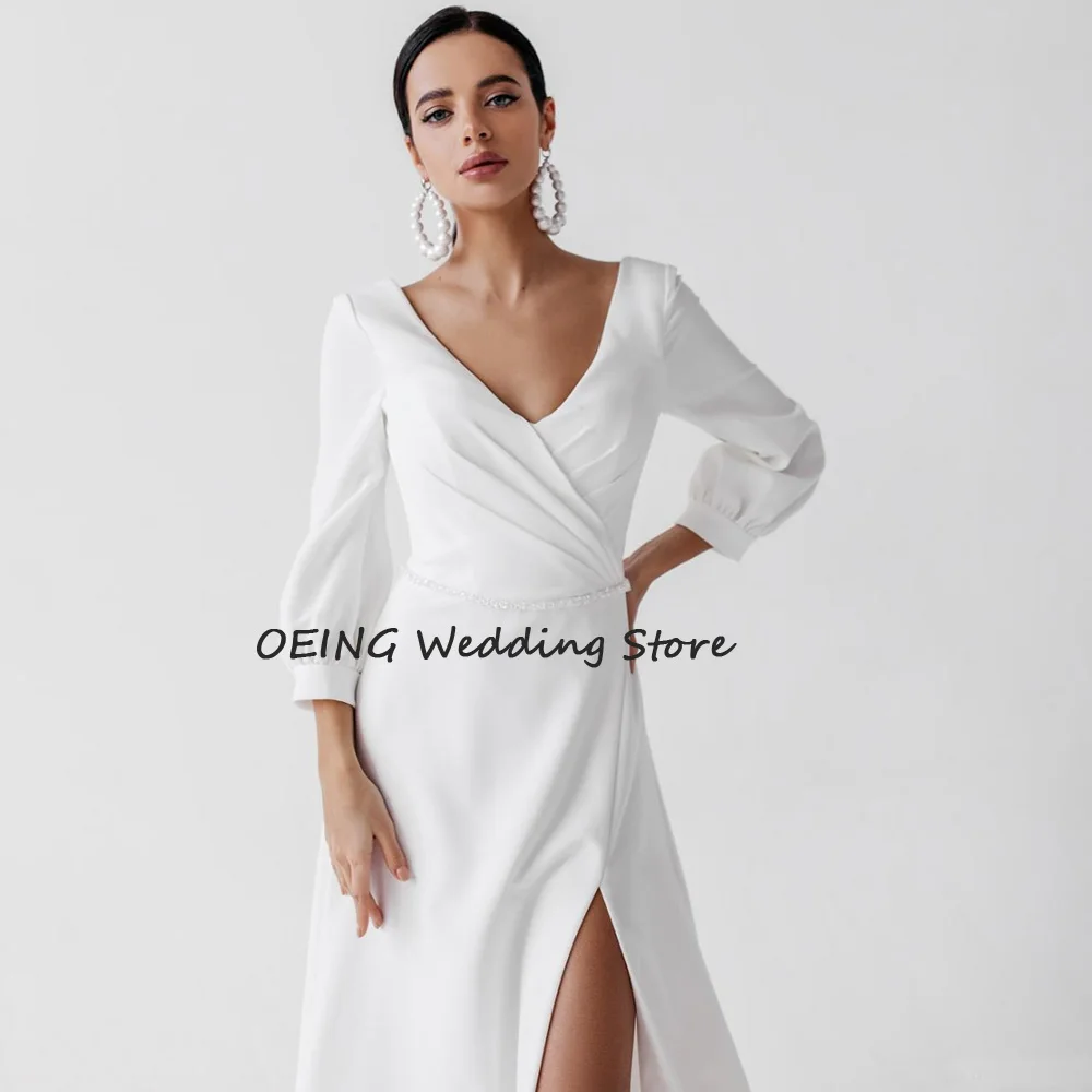 Nowoczesna suknia ślubna Tea długość V Neck rozcięcie na udzie krótka suknia ślubna linia Ruched 3/4 rękawy Backless Midi Sexy suknia ślubna