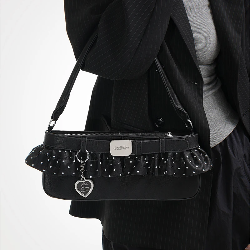 Umhängetasche mit gepunktetem Rüschenrand, Damen-Hobo-Handtasche, schicke Unterarmtasche im East-West-Stil, Y2k-Pendlertasche für Mädchen – Detail 9