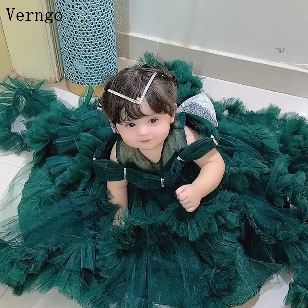 

Verngo Hunter Green Tulle Girl Flower Dress Off The Shoulder A Line Tiered Birthday Party Dresses Celebrity Ball Gown Customized