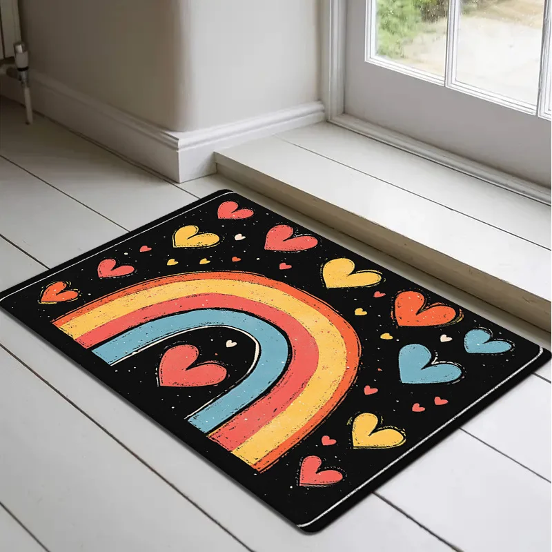 ممسحة سميكة من الفلانيل لعيد الحب - تصميم قوس قزح وقلوب، حصيرة منطقة ماصة غير قابلة للانزلاق للمدخل والمطبخ، #1